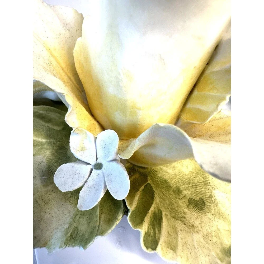 Vintage Set of 2 Mira Capodimonte Rose Single Candle Holders Yellow &White Italy